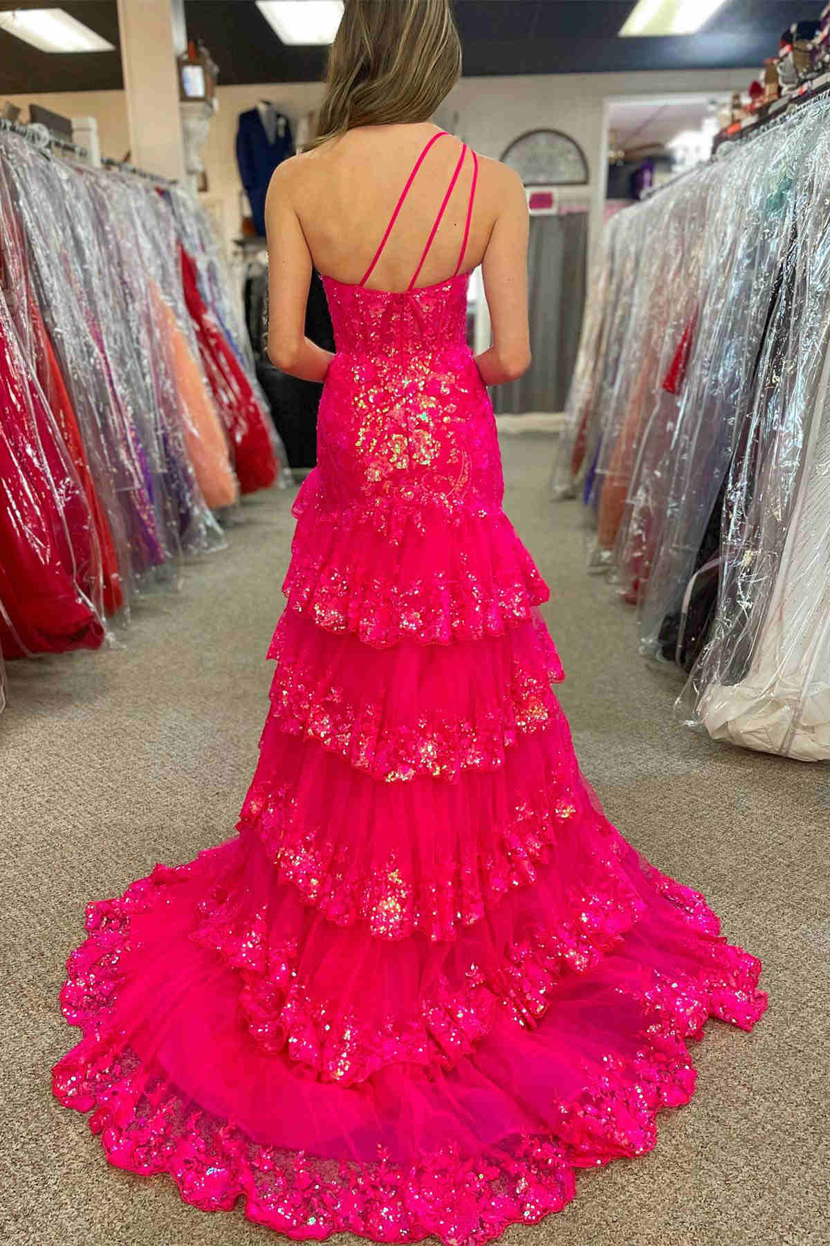 Andrea |Sheath One Shoulder Tiered Lace Long Prom Dress