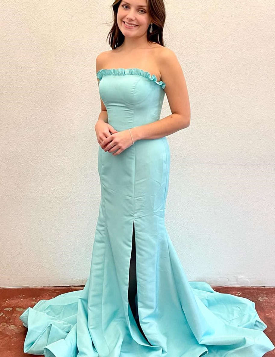 Denver | Strapless Maganta Ruffle Mermaid Slit Long Prom Dress