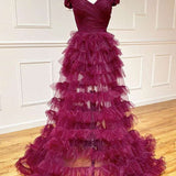 Fallon | Off the Shoulder Dark Berry Pleated Sheer Tiered Prom Dress