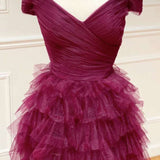 Fallon | Off the Shoulder Dark Berry Pleated Sheer Tiered Prom Dress