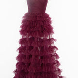 Fallon | Off the Shoulder Dark Berry Pleated Sheer Tiered Prom Dress