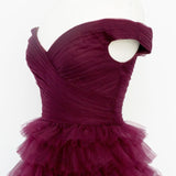 Fallon | Off the Shoulder Dark Berry Pleated Sheer Tiered Prom Dress