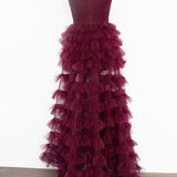 Fallon | Off the Shoulder Dark Berry Pleated Sheer Tiered Prom Dress