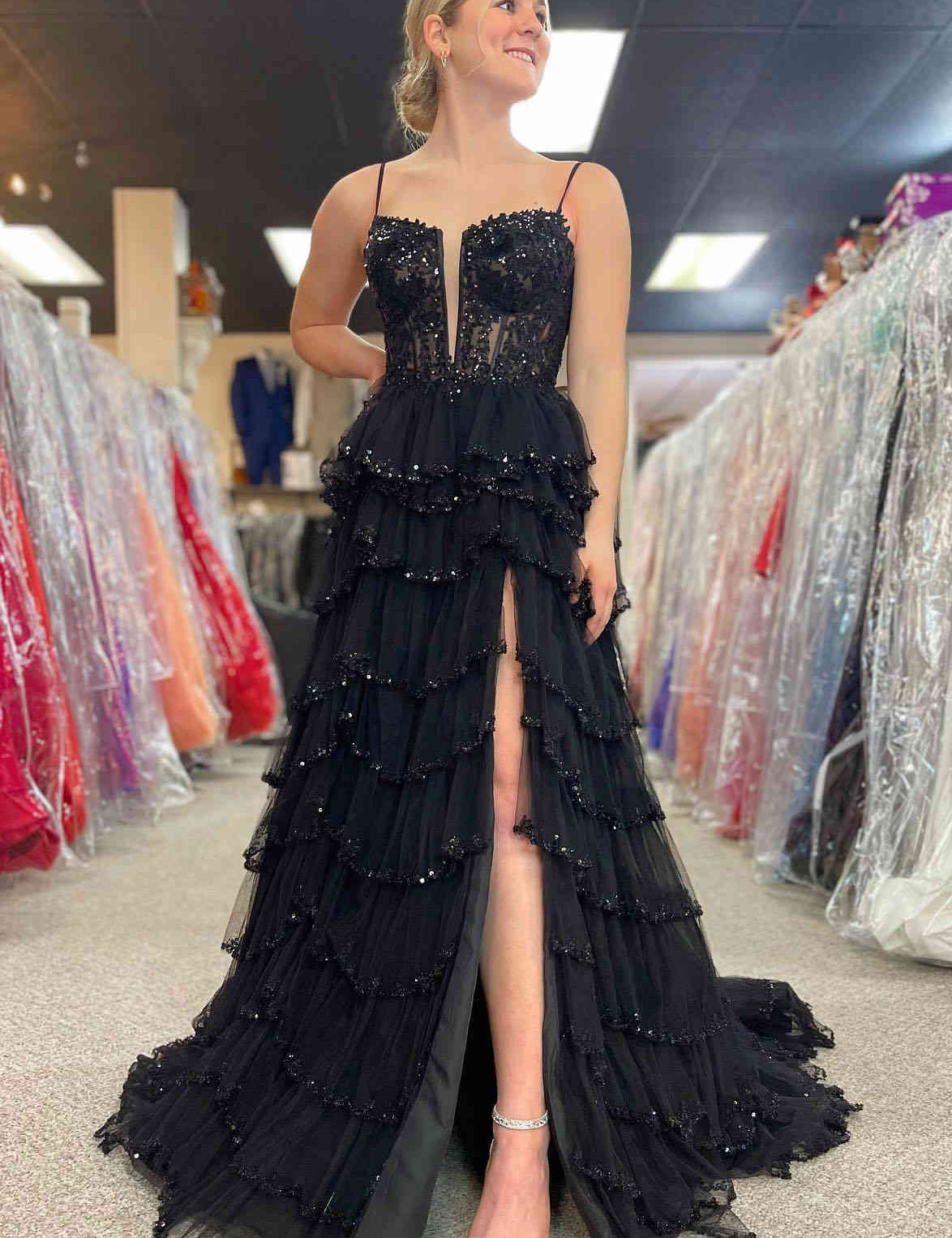 Abbie | Straps Black Mesh Cutout Sequined Layered Long Prom Dress