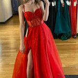 Patricia | Glitter Red Straos Beaded A-Line Formal Dress with Slit