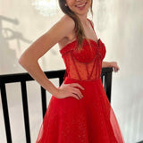 Patricia | Glitter Red Straos Beaded A-Line Formal Dress with Slit