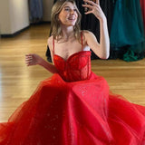 Patricia | Glitter Red Straos Beaded A-Line Formal Dress with Slit