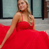 Patricia | Glitter Red Straos Beaded A-Line Formal Dress with Slit