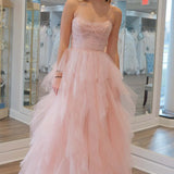 Patsy | Strapless Light Pink Sequin Beaded Ruffle Tulle Prom Dress