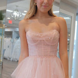 Patsy | Strapless Light Pink Sequin Beaded Ruffle Tulle Prom Dress