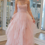 Patsy | Strapless Light Pink Sequin Beaded Ruffle Tulle Prom Dress