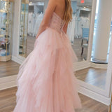 Patsy | Strapless Light Pink Sequin Beaded Ruffle Tulle Prom Dress