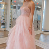 Patsy | Strapless Light Pink Sequin Beaded Ruffle Tulle Prom Dress