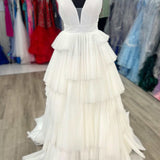 Maya | White V-Neck Pleated Layered Long Formal Dress