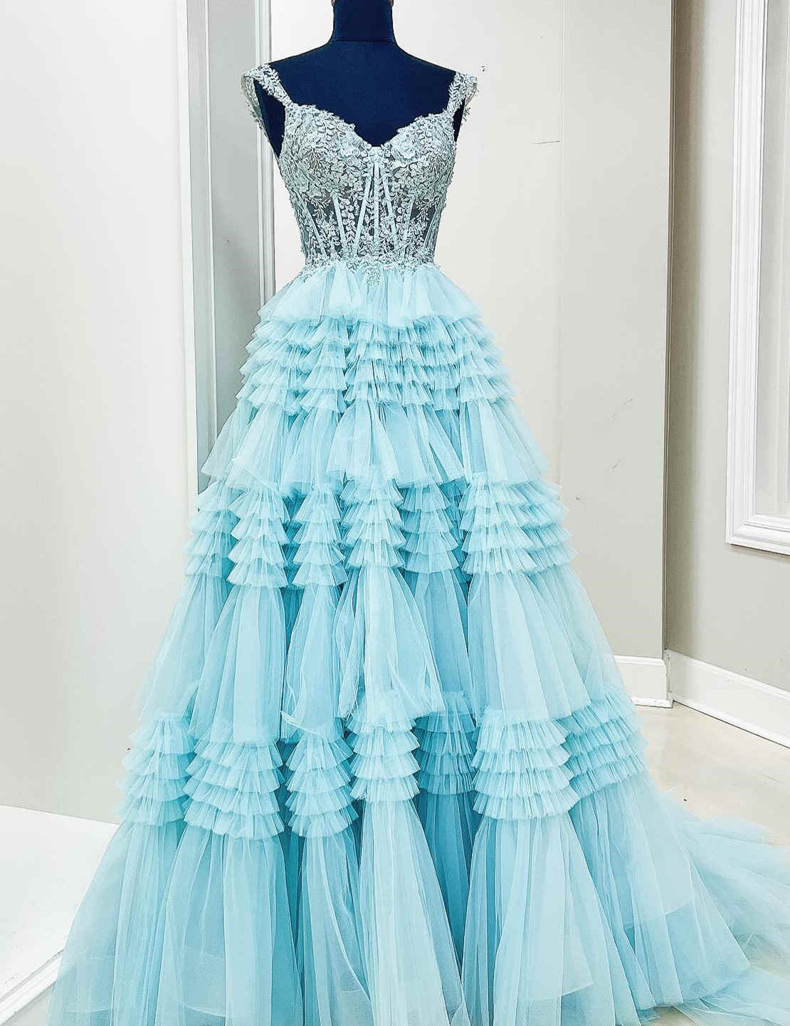 Elina | Red Tulle Off-the-Shoulder Ruffle Tiered Long Prom Dress