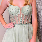 Madeline | Sage Green Straps Sequin Beaded A-Line Tulle Prom Dress