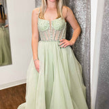 Madeline | Sage Green Straps Sequin Beaded A-Line Tulle Prom Dress