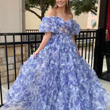 Sydney| Off the Shoulder Blue Floral Print Ruffled Tulle Prom Dress