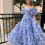 Sydney| Off the Shoulder Blue Floral Print Ruffled Tulle Prom Dress