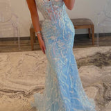 Margaret | Straps Light Blue V-Neck Sequin Appliques Mermaid Prom Dress