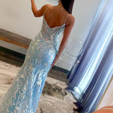 Margaret | Straps Light Blue V-Neck Sequin Appliques Mermaid Prom Dress