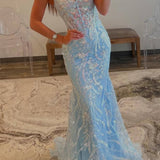 Margaret | Straps Light Blue V-Neck Sequin Appliques Mermaid Prom Dress