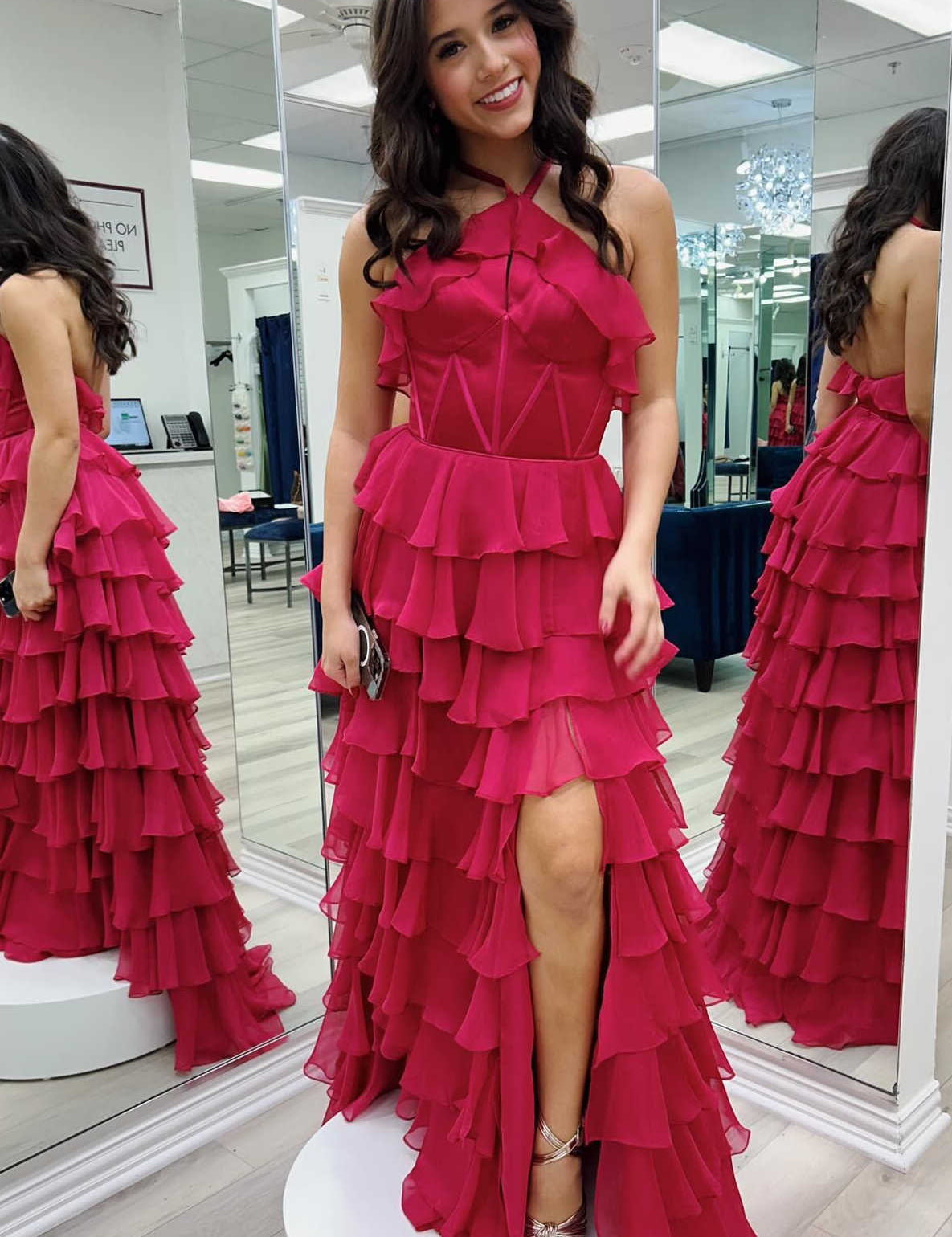 Halter Keyhole Ruffle Tiered Prom Dress with Slit