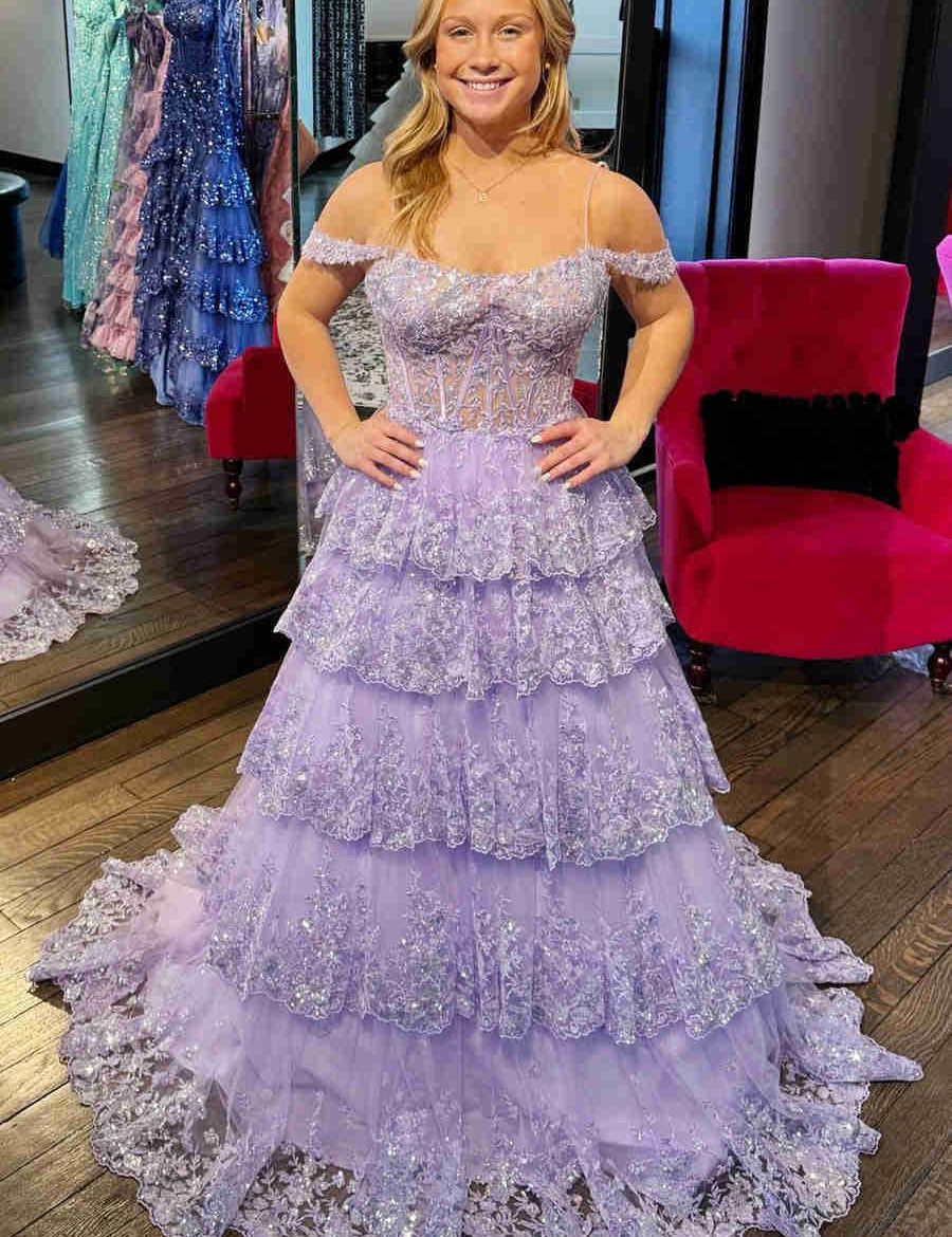 Maureen | Tulle Sequin Cold-Shoulder Ruffle Tiered Long Prom Dress