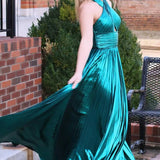 Peacock Blue Halter Neck A-Line Long Prom Dress With Split