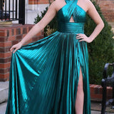 Peacock Blue Halter Neck A-Line Long Prom Dress With Split