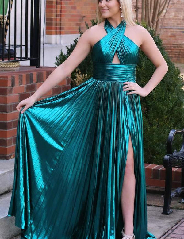 Peacock Blue Halter Neck A-Line Long Prom Dress With Split