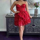 Maylin | Red Corset Sequin Appliques Short Party Dress with Bow