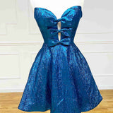 Jalise | Glitter Strapless Peacock Short Homecoming Dress with Bow