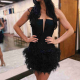 Strapless Sky Blue Fitted Short Homecoming Dress with Feathers