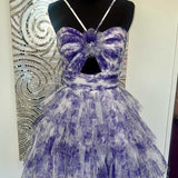 Hera | Straps Purple Floral Print Keyhole Ruffle Homecoming Dress