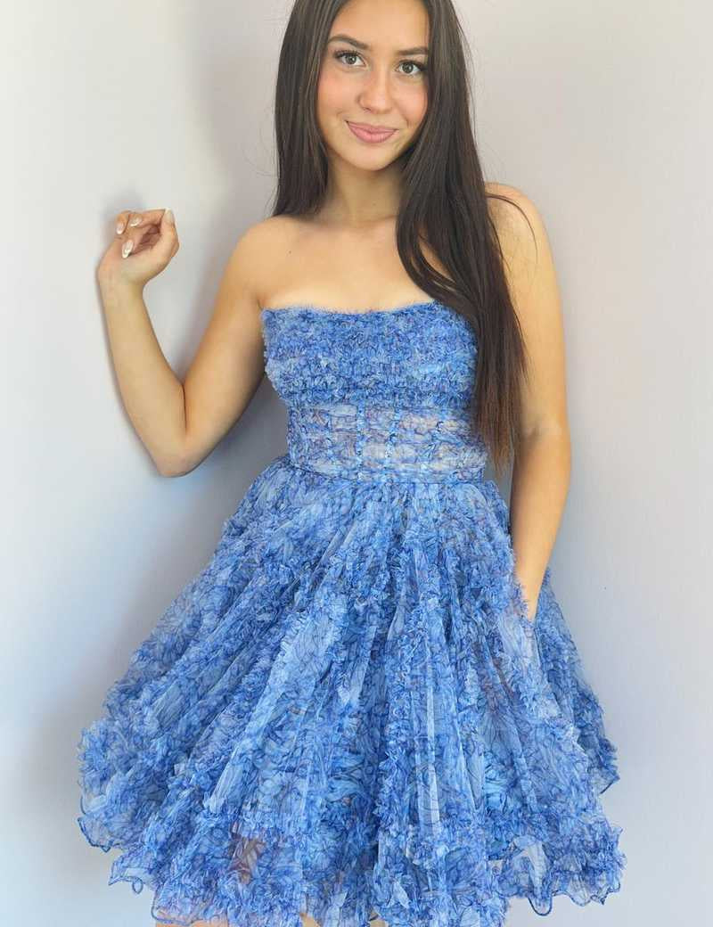 Strapless Blue Floral Print A-Line Homecoming Dress with Pockets