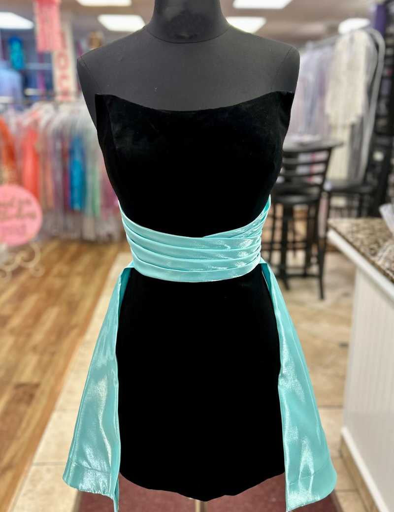 Strapless Black Velvet Homecoming  Dress with Train