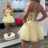 Jasna | A-Line Ruffled Yellow Strapless Corset Short Homecoming Dress