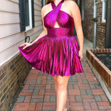 Jinny | Metallic Fuchsia Halter Keyhole Pleated Short Homecoming Dress