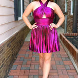 Jinny | Metallic Fuchsia Halter Keyhole Pleated Short Homecoming Dress