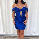 Off the Shoulder Royal Blue Ruched Mini Homecoming Dress