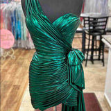 Lorie | Metallic Green One-Shoulder Ruched Homecoming Dress