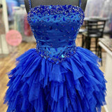 Pretty A Line Straps Royal Blue Tulle Short Homecoming Dresses with Beading