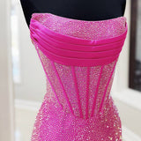 Miles | Mermaid Fuchsia Strapless Asymmetrical Beaded Long Prom Dress with Slit