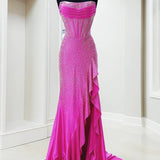 Miles | Mermaid Fuchsia Strapless Asymmetrical Beaded Long Prom Dress with Slit