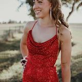 Gemini | Red Halter Mermaid Sequins Prom Dress With Split