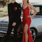 Gemini | Red Halter Mermaid Sequins Prom Dress With Split