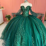 Dark Green Ball Gown Organza Half Sleeves Quinceanera Dress