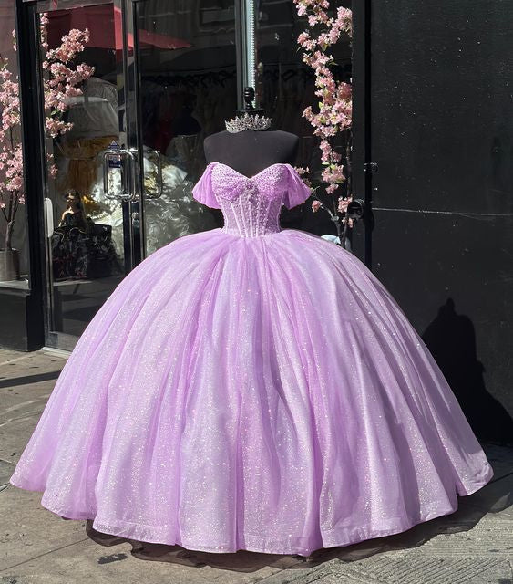 Glitter Off The Shoulder Pink Ball Gown Quinceanera Dresses