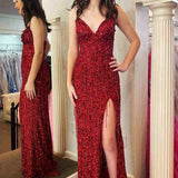 Glitter Red V-Neck Long Prom Dress with Tassel